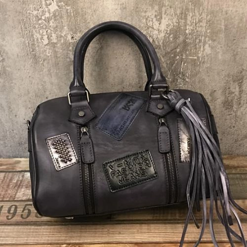 Vintage Women Brown Leather Boston Handbags Leather Boston Shoulder Bags Purses with Tassels