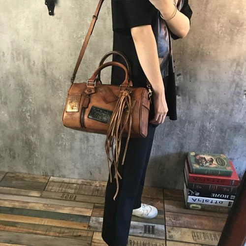 Vintage Women Brown Leather Boston Handbags Leather Boston Shoulder Bags Purses with Tassels