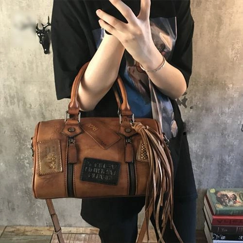 Vintage Women Brown Leather Boston Handbags Leather Boston Shoulder Bags Purses with Tassels