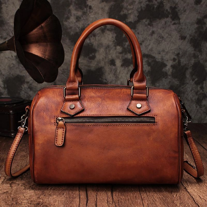 Vintage Women Brown Leather Boston Handbags Leather Boston Shoulder Bags Purses with Tassels