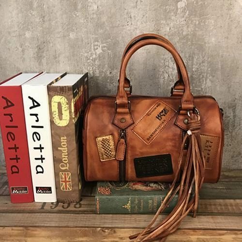 Vintage Women Brown Leather Boston Handbags Leather Boston Shoulder Bags Purses with Tassels