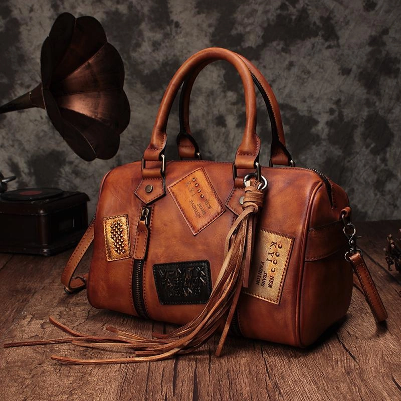 Vintage Women Brown Leather Boston Handbags Leather Boston Shoulder Bags Purses with Tassels