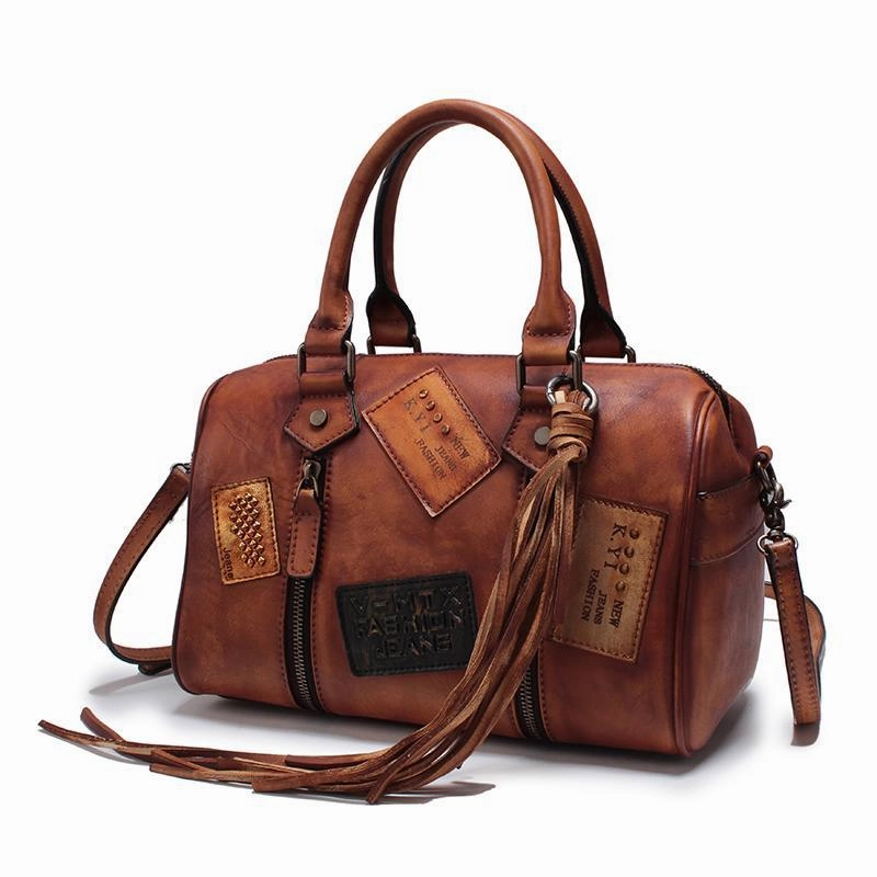 Vintage Women Brown Leather Boston Handbags Leather Boston Shoulder Bags Purses with Tassels