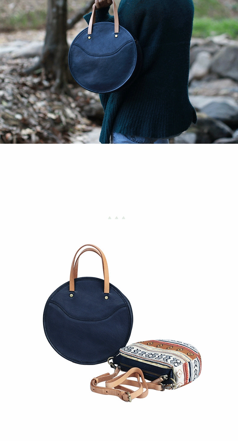 Vintage Womens Blue Leather Round Handbag Purses Green Round Shoulder Bag Crossbody Purse for Women
