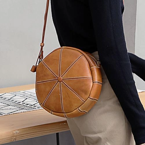 Vintage Womens Brown Leather Round Shoulder Bag Shaped Leather Circle Bag Round Crossbody Bag Purse
