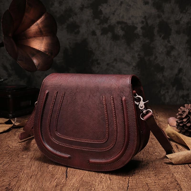 Vintage Womens Brown Leather Saddle Handbag Vintage Style Shoulder Purses for Ladies