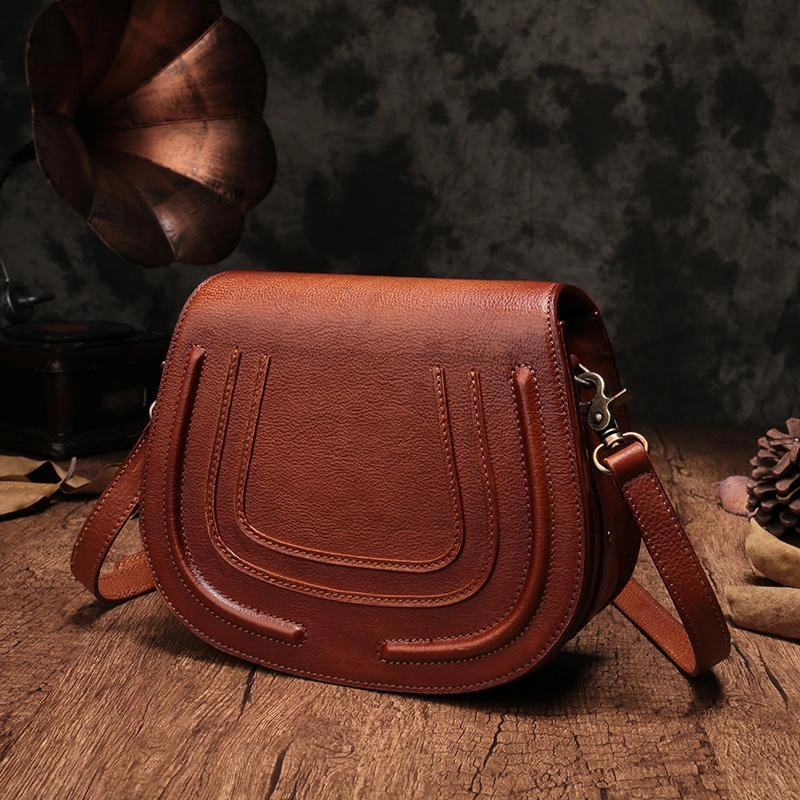 Vintage Womens Brown Leather Saddle Handbag Vintage Style Shoulder Purses for Ladies