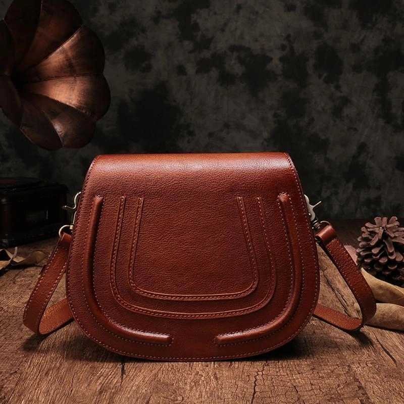 Vintage Womens Brown Leather Saddle Handbag Vintage Style Shoulder Purses for Ladies