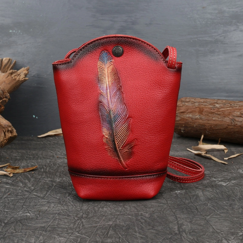 Vintage Womens Brown Leather Shoulder Bucket Bag leather phone Bucket bag for women Side bag crossbody bag