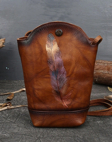 Vintage Womens Brown Leather Shoulder Bucket Bag leather phone Bucket bag for women Side bag crossbody bag