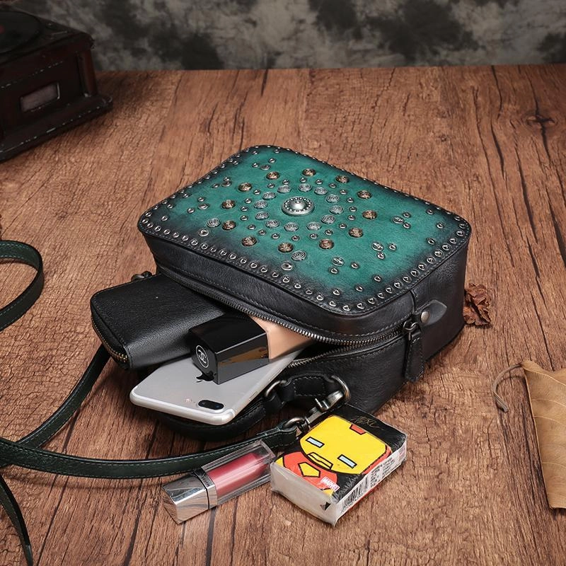 Vintage Womens Green Leather Handbag Purse Cube Rivet Shoulder Handbag Crossbody Bags