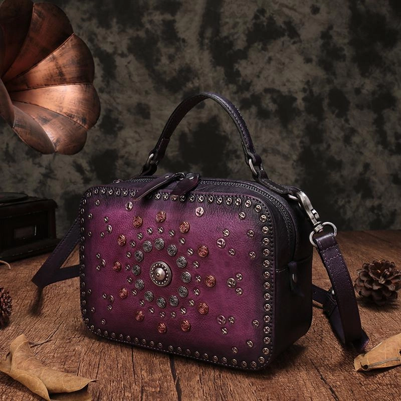 Vintage Womens Green Leather Handbag Purse Cube Rivet Shoulder Handbag Crossbody Bags