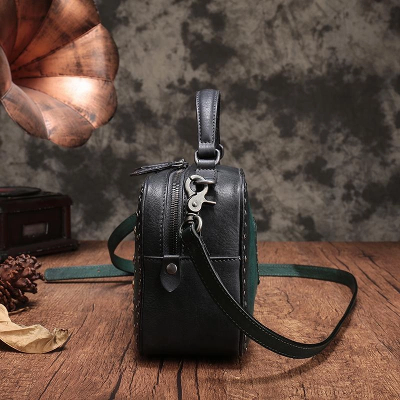 Vintage Womens Green Leather Handbag Purse Cube Rivet Shoulder Handbag Crossbody Bags