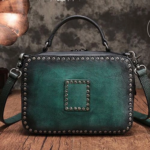 Vintage Womens Green Leather Handbag Purse Cube Rivet Shoulder Handbag Crossbody Bags