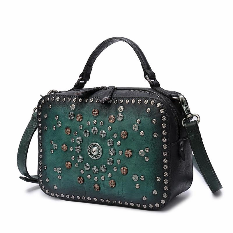 Vintage Womens Green Leather Handbag Purse Cube Rivet Shoulder Handbag Crossbody Bags