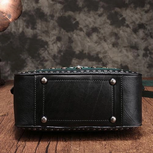 Vintage Womens Green Leather Handbag Purse Cube Rivet Shoulder Handbag Crossbody Bags