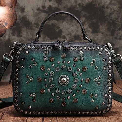 Vintage Womens Green Leather Handbag Purse Cube Rivet Shoulder Handbag Crossbody Bags