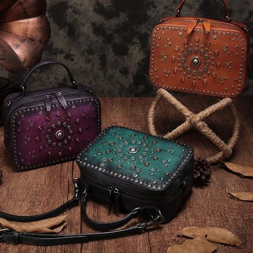 Vintage Womens Green Leather Handbag Purse Cube Rivet Shoulder Handbag Crossbody Bags
