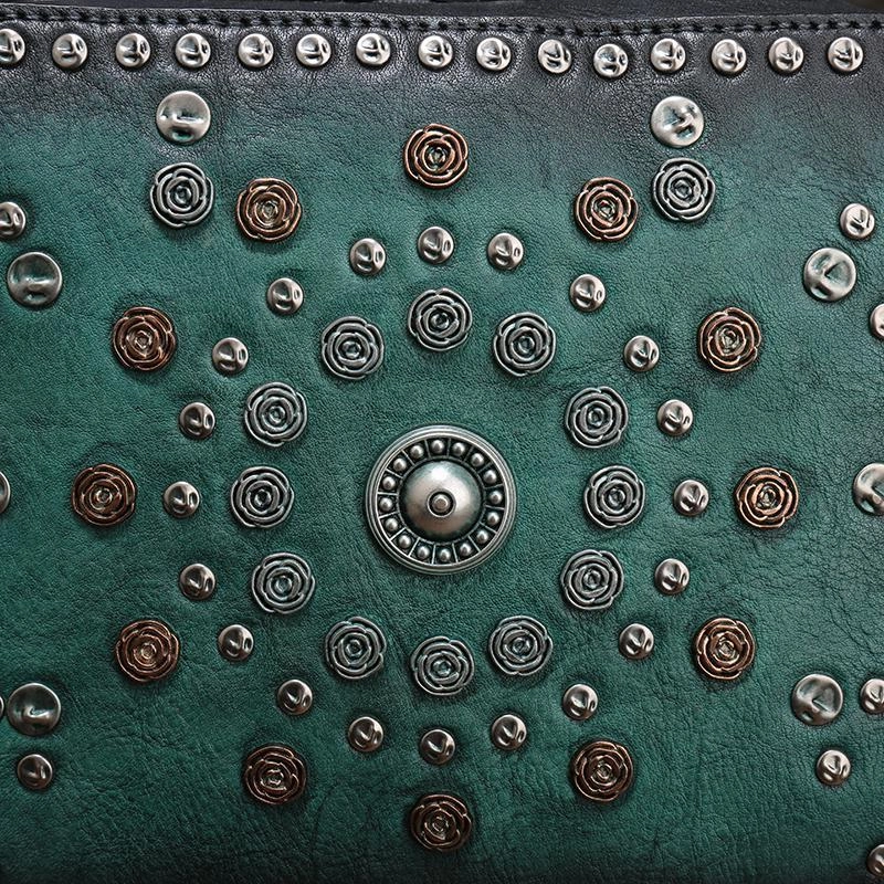 Vintage Womens Green Leather Handbag Purse Cube Rivet Shoulder Handbag Crossbody Bags