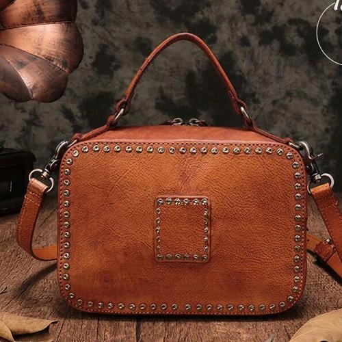 Vintage Womens Green Leather Handbag Purse Cube Rivet Shoulder Handbag Crossbody Bags
