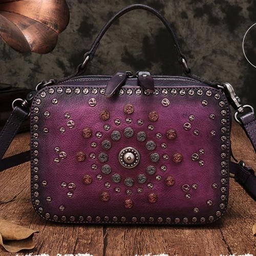 Vintage Womens Green Leather Handbag Purse Cube Rivet Shoulder Handbag Crossbody Bags