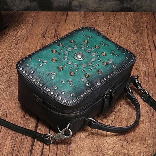 Vintage Womens Green Leather Handbag Purse Cube Rivet Shoulder Handbag Crossbody Bags