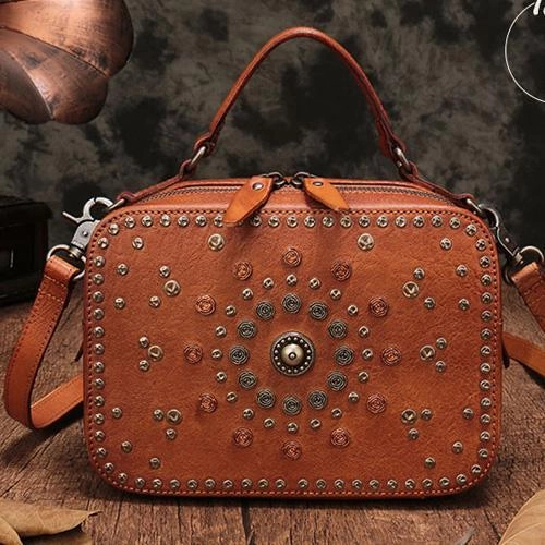 Vintage Womens Green Leather Handbag Purse Cube Rivet Shoulder Handbag Crossbody Bags