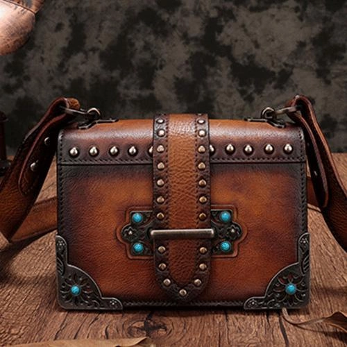 Vintage Womens Rivet Brown Leather Small Side Bags Purse Shoulder Crossbody Bags for Ladies