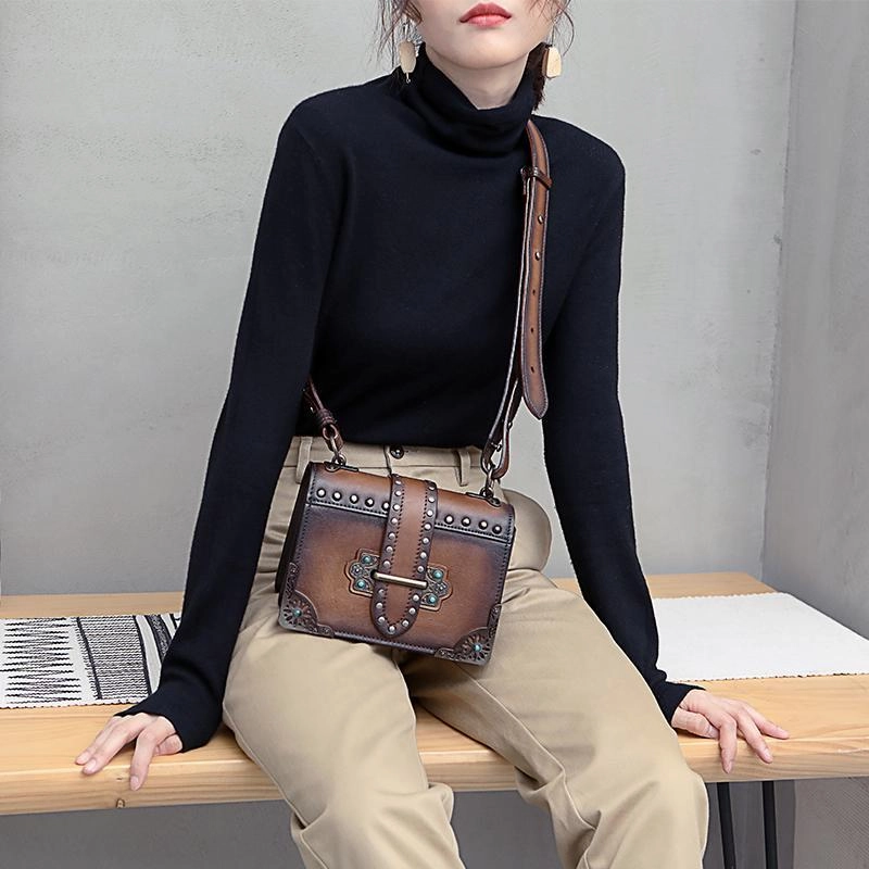 Vintage Womens Rivet Brown Leather Small Side Bags Purse Shoulder Crossbody Bags for Ladies