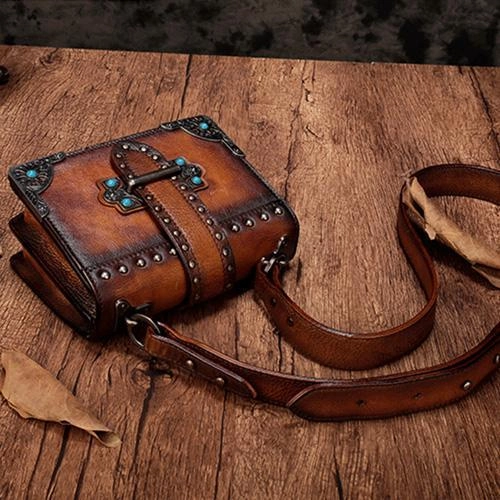 Vintage Womens Rivet Gray Leather Small Side Bags Purse Shoulder Crossbody Bags for Ladies