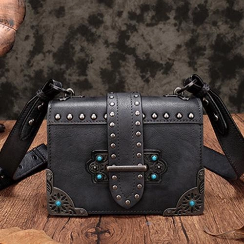 Vintage Womens Rivet Gray Leather Small Side Bags Purse Shoulder Crossbody Bags for Ladies