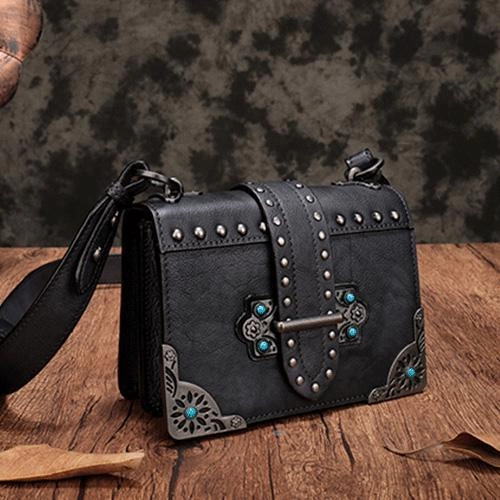 Vintage Womens Rivet Gray Leather Small Side Bags Purse Shoulder Crossbody Bags for Ladies