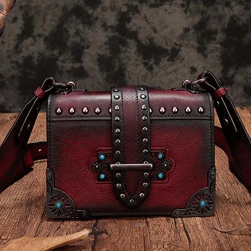 Vintage Womens Rivet Gray Leather Small Side Bags Purse Shoulder Crossbody Bags for Ladies