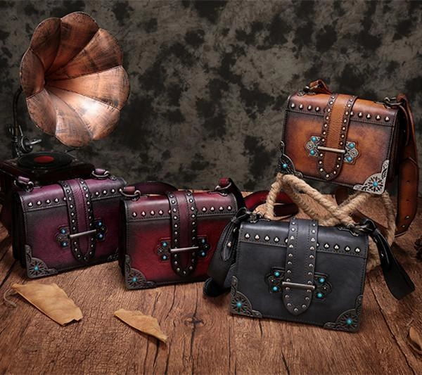 Vintage Womens Rivet Gray Leather Small Side Bags Purse Shoulder Crossbody Bags for Ladies