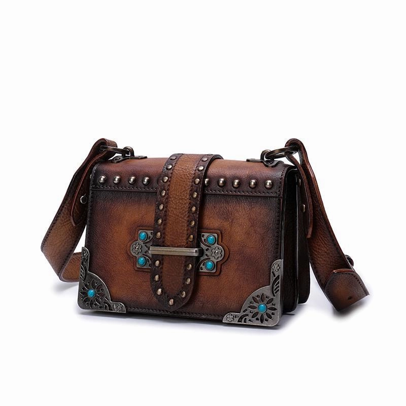 Vintage Womens Rivet Gray Leather Small Side Bags Purse Shoulder Crossbody Bags for Ladies