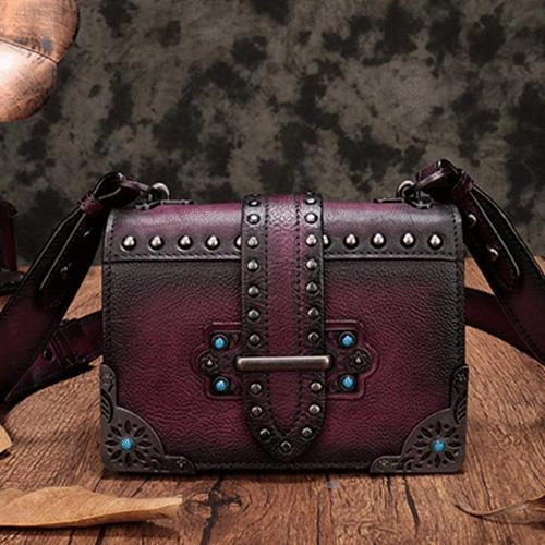 Vintage Womens Rivet Gray Leather Small Side Bags Purse Shoulder Crossbody Bags for Ladies