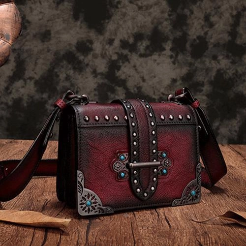 Vintage Womens Rivet Gray Leather Small Side Bags Purse Shoulder Crossbody Bags for Ladies