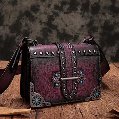 Vintage Womens Rivet Gray Leather Small Side Bags Purse Shoulder Crossbody Bags for Ladies
