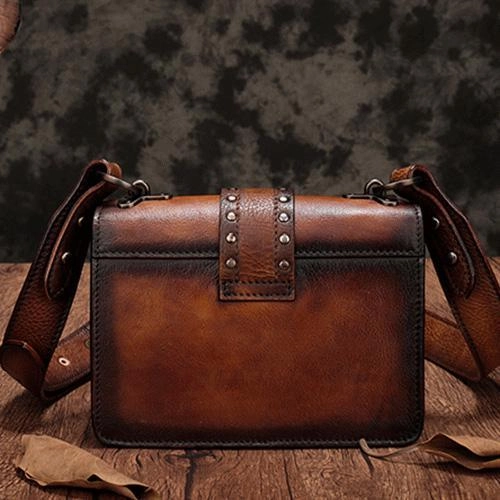 Vintage Womens Rivet Gray Leather Small Side Bags Purse Shoulder Crossbody Bags for Ladies