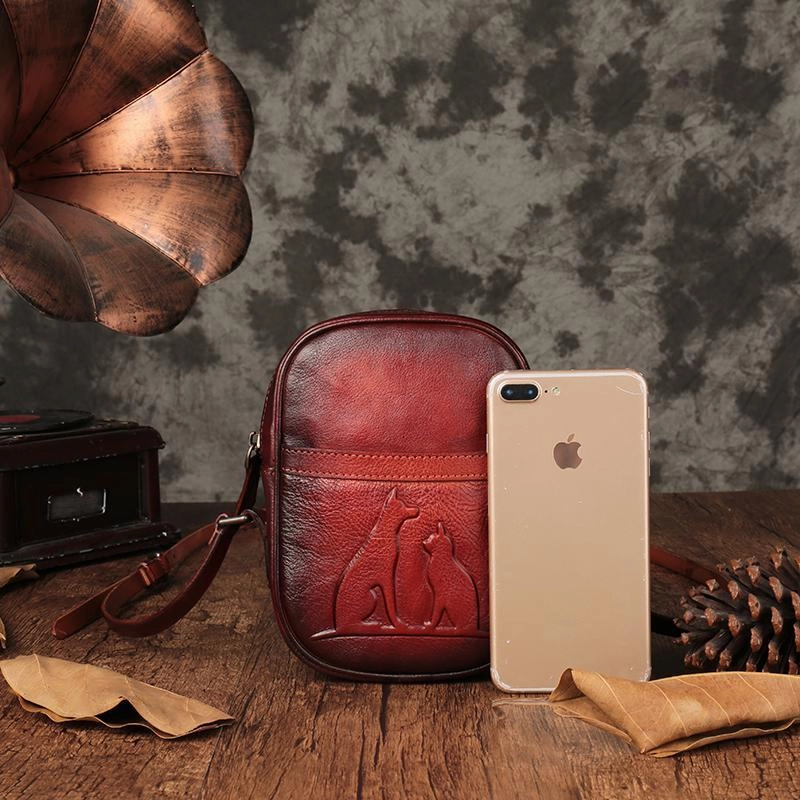 Vintage Womens Small Tan Leather Side Bag Mini Phone Dog Cat Shoulder Bag Square Crossbody Bag