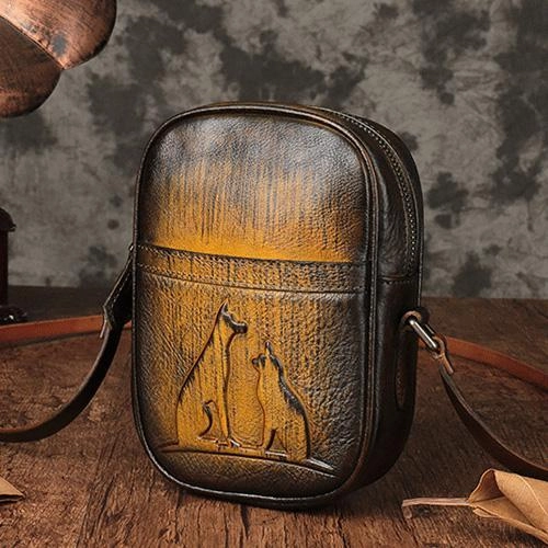 Vintage Womens Small Tan Leather Side Bag Mini Phone Dog Cat Shoulder Bag Square Crossbody Bag