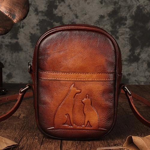 Vintage Womens Small Tan Leather Side Bag Mini Phone Dog Cat Shoulder Bag Square Crossbody Bag