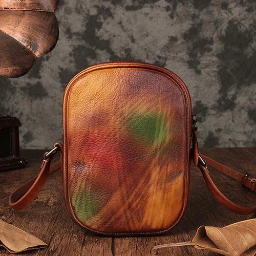 Vintage Womens Small Tan Leather Side Bag Mini Phone Dog Cat Shoulder Bag Square Crossbody Bag