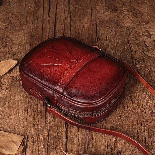 Vintage Womens Small Tan Leather Side Bag Mini Phone Dog Cat Shoulder Bag Square Crossbody Bag