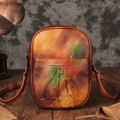 Vintage Womens Small Tan Leather Side Bag Mini Phone Dog Cat Shoulder Bag Square Crossbody Bag