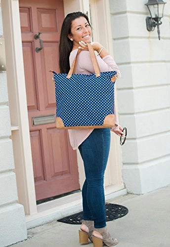 Viv&Lou Shoulder Tote Bag Faux Leather Trim (Blank, Charlie Navy Dots)