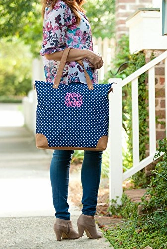 Viv&Lou Shoulder Tote Bag Faux Leather Trim (Blank, Charlie Navy Dots)