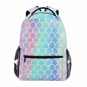 Wamika Colorful Mermaid Scale Backpacks for Girls Women, Rainbow Marble Galaxy Computer Laptop Backpack, Fish Scales Kids School Book Bag, Casual Travel Camping Daypack