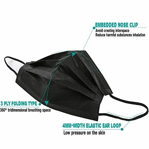Wecolor 100 Pcs Disposable 3 Ply Earloop Face Masks, Suitable for Home, School, Office and Outdoors (Black)