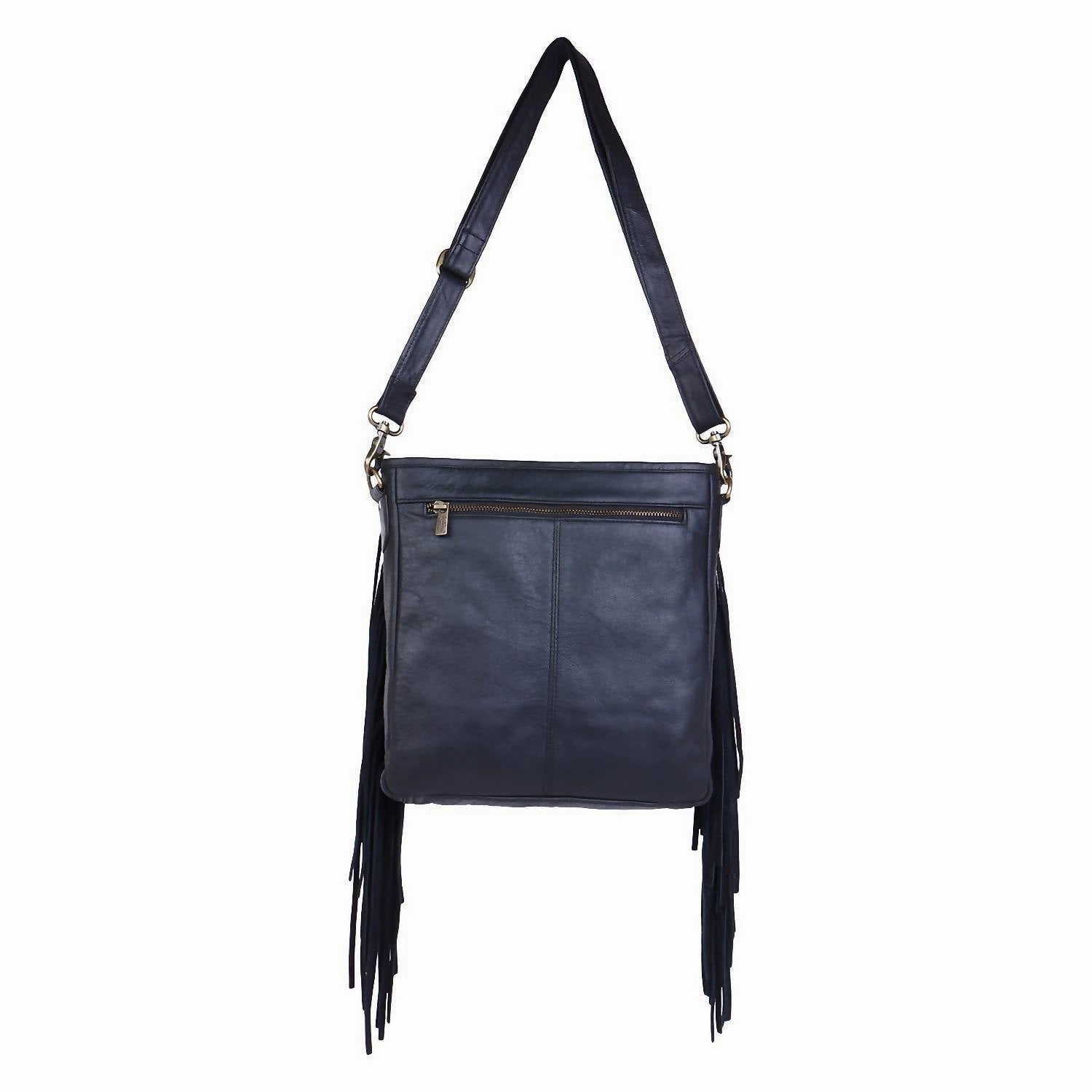 Women's Leather Fringed Crossbody In Silver Black Polka Dots
